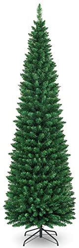 COSTWAY Albero di Natale 150/180/210/240 cm, Albero di Natale Slim con 220/400/700/1000 Rami Folti e Realistici e Base in Metallo, Albero di Natale Artificiale per Casa e Negozio, Verde (210 cm)