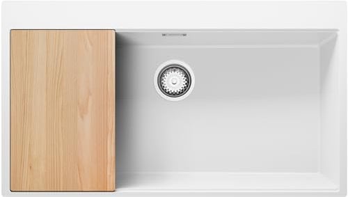 PRIMAGRAN Fregadero Cocina Blanco 88x50cm, Granito 1 Seno + Sifón + Tabla de cortar, Sobre encimera al mueble 90cm - Oslo