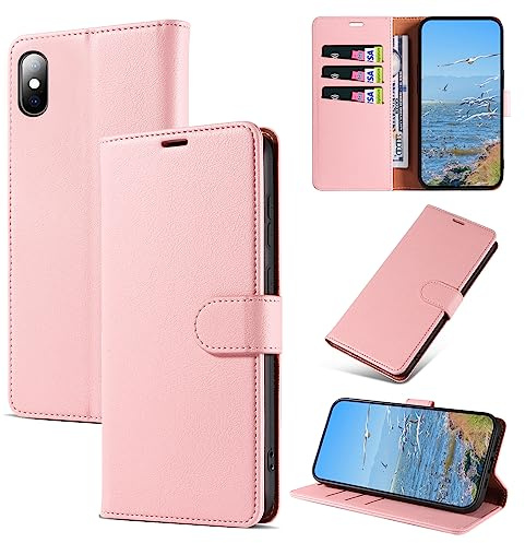 KKEIKO Hülle Kompatibel mit iPhone X/iPhone XS, Magnet Klappbar Handyhülle mit Kartenfach, PU Leder Stoßfest Schutzhülle für iPhone X/iPhone XS, Rosa