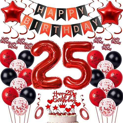 25 Geburtstag Deko Frauen Geburtstagsdeko 25 Männer Rot Schwarz Deko 25 Geburtstag Luftballon Zahlen 25 Rot 25 Geburtstags ballon für Männer Frauen Party Rot Luftballon 25 Jahr Geburtstagdeko