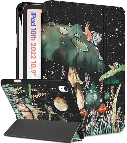 Wazzasoft Schutzhülle für iPad 11. (A16) 2025, iPad 10. Generation, 27,7 cm (10,9 Zoll), niedliches Design mit Pilz-Design, cool, einzigartig, mit Stifthalter, automatischer Schlaf-/Wachmodus, für