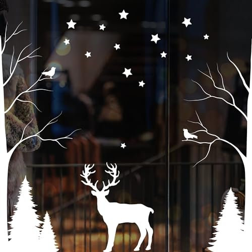 Wandtattoo Loft Fensterbilder Weihnachten Hirsch, Bäume und Sterne – Wiederverwendbar – A2 Bogen, 29 Sticker – Weihnachstdeko Fenster Kinderzimmer, Weihnachtsbilder Fenster, Fensterbild Winter