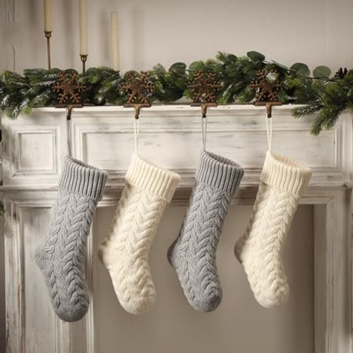 Hixingo Weihnachtsstrumpf Personalisiert 4er, 46cm Große Klassische Gestrickt Einfarbig Passend Nikolausstrumpf, Weihnachtssocken zum Aufhängen und Befüllen Kamin Weihnachtsbaum Deko (graubeige)