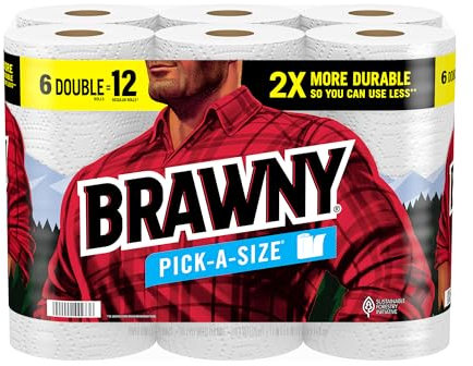 Brawny Toallas de papel Pick-A-Size, 6 rollos dobles = 12 rollos regulares, 2 tamaños de hoja (medio o completo), toalla de papel resistente para uso diario