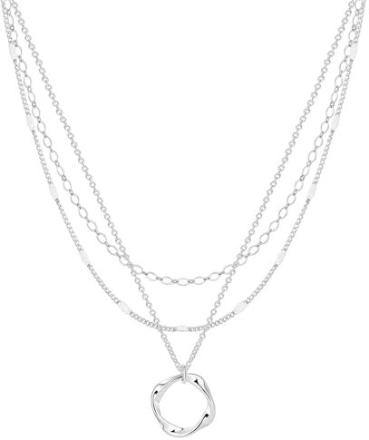 Cuzmly Layered Silver Necklaces for Women, 925 Sterling Silver Stackable Choker Necklaces for Women Trendy Layering Circle Pendant Chain Necklace Set Jewelry Gifts for Women Teen Girls, Brass, No