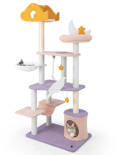 COSTWAY Árbol para Gatos de 167cm, Torre para Gatos con Postes Rascadores Cubiertos de Sisal, Árboles de Actividades con 4 Plataformas, 2 Bolas Provocadoras, 2Hamacas, y un Condominio, Morado y Rosa