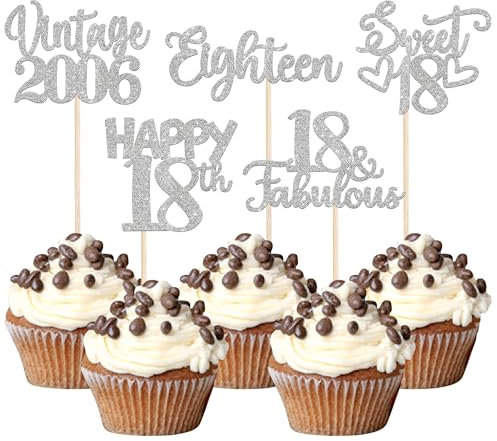 30 Stück Vintage 2007 Cupcake Toppers Glitzer Happy 18th Geburtstag Tortendeko Cheers to 18 Fabulous Eighteen Kuchen Deko für 18th Geburtstag Hochzeit Jahrestag Party Silber