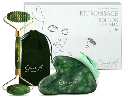 Kit Gua Sha Visage & Roller | Pierre De Jade Vert | Massage Anti Ride & Drainage Lymphatique | Lifting Double Menton | Guasha | Maderotherapie | Gasha | Affiner Face Shaper [OanovA]