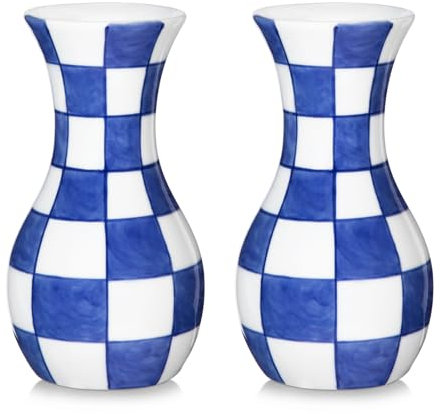 Kleine Blaue und Weiße Vase, 2er Set 15CM Keramik Blumenvase, Retro Chinoiserie Vase für Frische Getrocknete Seidenblumen Tischdeko Wohnzimmer Bücherregal Heimdeko, Einfarbig Glasiert