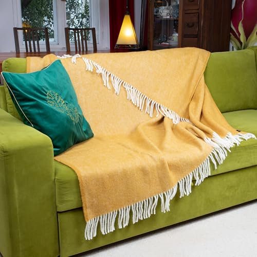 PinkZebra Sehr Warme Dicke 400 g/m² Merinowolle Decke ca. 160 x 200 cm, aus 100% Neuseeland Wolle, Tagesdecke, Kuscheldecke, Wohndecke, warme Decke mit Fransen, kuschelige Sofadecke, Honig