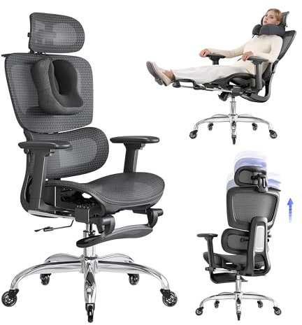 LarkLeaves Sedia Ufficio Ergonomica con Schienale Regolabile 5 Livelli/Supporto Lombare 2D per Ufficio/Casa/Gaming, Poggiatesta 3D + Cuscino Cervicale, Poggiapiedi Retrattile, Ruote Silentec, Nero