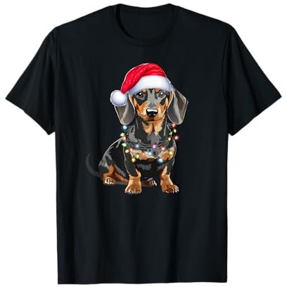 Dackel Hund Weihnachtsmann Hut Weihnachtslicht T-Shirt
