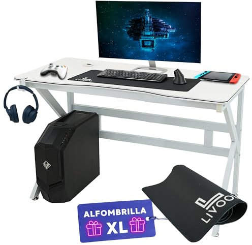 LIVOOL®️ Mesa Gaming + Alfombrilla XL | Escritorio Gaming Acabado en Fibra de Carbono - Escritorio de Oficina