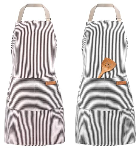 Tczecoo 2 Stück Küchenschürze, Backen Schürze mit 2 Taschen, Verstellbare Schürze, Unisex Kochschürze, Nackenband Schürzen für Küche Kochen Backen Restaurant Café