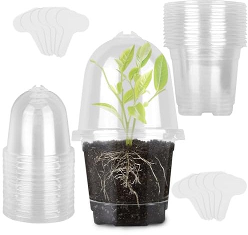 12 Stück Anzuchttöpfe mit Feuchtigkeitskuppel, Ø 9cm Pflanztöpfe Kunststoff mit Deckel, Anzuchttopf Rund Blumentöpfe mit Pflanzenstecker, Orchideentopf Transparent für Sukkulenten, Samen, Setzlinge