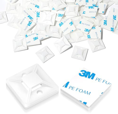 100 Pcs Cable Tie Mount 18 x 18mm, Sticky Cable Tie Pads White Cable Ties Base, Self Adhesive Cable Clips Set for Home Office Garage and Workshop