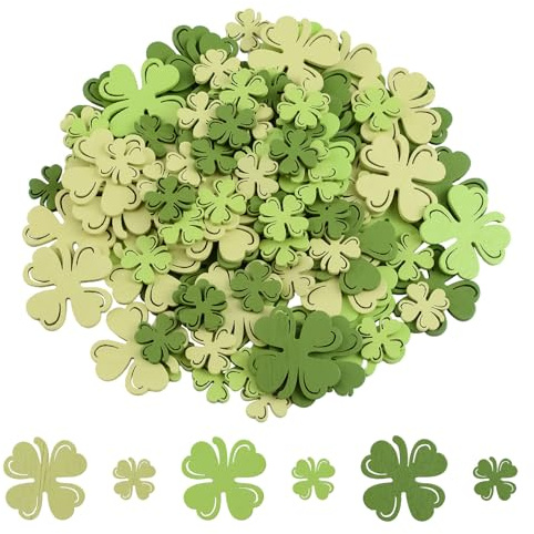 WANDIC 100PCS St. Patrick's Day Vier Blatt Kleefer Konfetti Grün Vier Blatt Klebstoff Holzscheiben Naturholz Handwerk Zwei Größen für DIY Anhänger, Handwerk, Wanddekorationen
