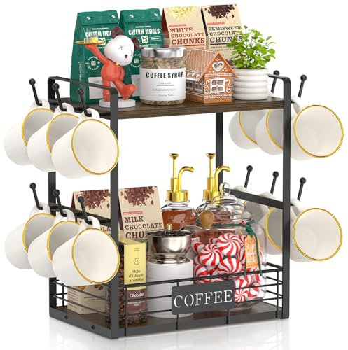 EsLuker.ly 2 Etagen Tassenhalter Stand für Arbeitsplatte, 12 Haken Tassenregal Wand mit Aufbewahrungskorb, Metall Holz Tassenständer Tassen Organizer für Kaffeebar Küche, Braun-Schwarz