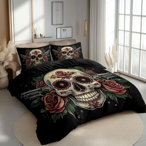 Generisch Bettbezug Bettwäsche-Setstotenkopf Rose Pistole Mit Reißverschluss 3-Teilig Bettbezugenthält 1 Bettbezug 240 X 220 cm Und 1 Kissenbezug 80 X 80 cm Schwarz Atmungsaktiv Hautfreundlich
