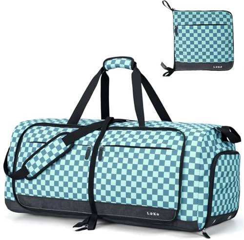 Lekesky Reisetasche Große 80L mit Schuhfach, Faltbare Reisetasche Weekender Damen fur Reisen, Krankenhaus, Strand, Camping (Grünes Schachbrett)