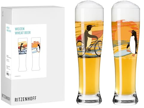 RITZENHOFF 8093001 Weizenbierglas 500 ml - 2er Set, Serie Entdecker, mit Pinguin-Motiv, bunt - Made in Germany