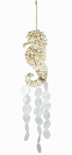 HAB & GUT -HA702- Windspiel Seepferd Mobile aus Strandgut Kunsthandwerk mit Muschelresten, Capiz, Mobile für Fenster Terrasse und Balkon Klangspiel 12 x 76 cm