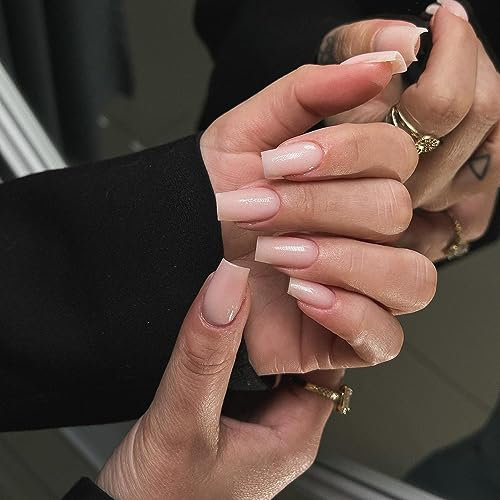 KQueenest Nude Rosa Press On Nails Mandel Eckig, Sarg Nägel zum Aufkleben Kurz, Glänzende Jelly-Gel Fake Nails Fingernägel zum aufkleben Ballerina, Einfarbig Acryl Kunstnägel für Frauen, 24 Stück