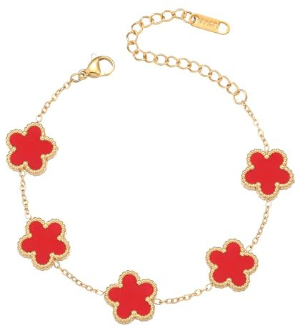 FUNIO Kleeblatt Armband für Damen - 18 Karat Gold Armband Armreif Glücksarmband Schmuck Geschenk für Damen (Rot)