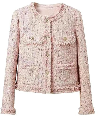 JYHBHMZG Veste en tweed à franges bleues romantiques pour femme Col rond Automne