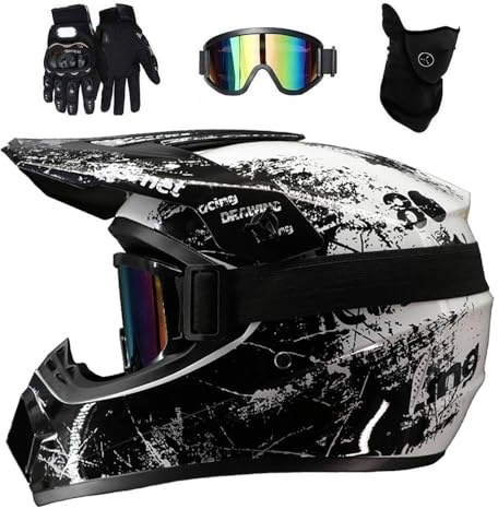Doppelsport Motocross Helm Satz, Jugend Kinder Integral Offstraße Rennen Motorrad Absturz Helme, Bergab BMX MTB ATV Enduro Quad Dirtbike Helm, mit Brille Handschuhe Maske(White Black,M/54-55CM)