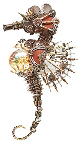Palapozzy Puzzle mécanique 3D en métal pour adulte, assemblage hippocampe, kit animal 3D, cadeau stimulant pour adultes (version lampe de feu d'artifice/2100 pièces)
