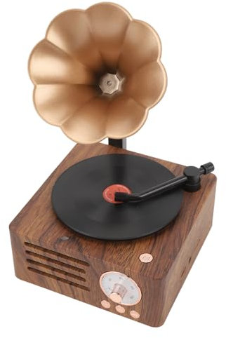 Saluaqui Altoparlanti del Giocatore Record Vintage con Corno di Rame e Squisito Design a Grana in Legno - Altoparlante Stereo Grammofono retrò Portatile per Decorazioni per la Casa