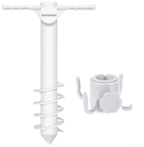 Windproof Beach Umbrella Sand Anchor Hook Screw Stand Holder For Outdoor Patio Garden Parasol Stabiliser White Plastic Portable Installation Base(1 Set)