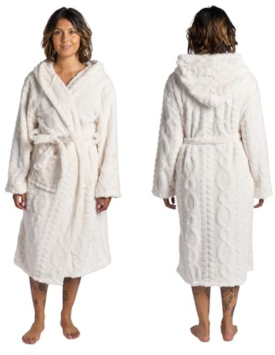 OHS Cable Knit Dressing Gowns Unisex Super Soft Warm Fleece Full Length Bath Robe Comfy for Sleepwear