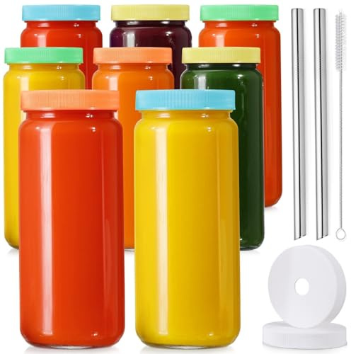 SAGELSHN Vorratsgläser mit Deckel 8 Packungen Glas Gars Mit 2 Strohhalme Deckel Wasserbecher Wiederverwendbar for Saft Aufbewahrungsgläser Küche(Multi-Colored)