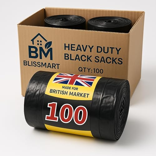 BlissMart Black Bin Bags 100pk 50L Heavy Duty Refuse Sacks Kitchen Bin Liner Strong Waste Bag Swing Bin Liners 30 Micron Food Waste Garden Office Trash Bag Leak-Resistant Garbage Bag