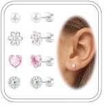 Set di orecchini per bambini, ipoallergenici, orecchini in oro e argento, in acciaio chirurgico medico, da donna, piccoli orecchini a forma di cuore, perla, orecchini a vite