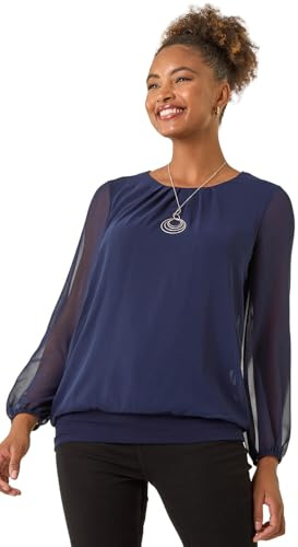 Roman Originals Chiffon Overlay Top with Necklace for Women UK Ladies Smart Evening Blouse Fitted Stretchy Going Out Elegant Sparkly Party 3/4 Length Sleeve V-Neck Silk - Plain Navy - Size 16
