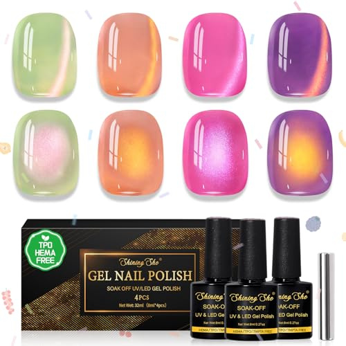 Shining She UV Nagellack Cat Eye, 4 Farben Sommer Cat Eye UV Gel Nagellack HEMA-Free TPO-Free - Neon Jelly Glas Grün Braun Rosa Lila Shimmer Glitzer Nail Polish für Frauen Maniküre Geschenk, 8ML