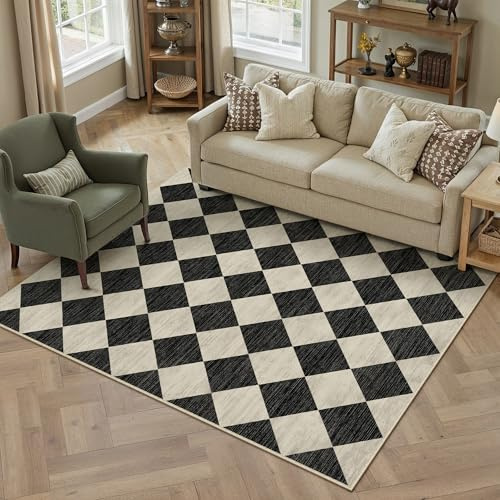 PureCozy Teppich 160x230cm Schwarz Waschbar Moderne Kariert | Moderner Karo Teppiche,Waschbar,Rutschfest,Weich,Kurzflor,für Wohnzimmer,Schlafzimmer,Esszimmer,Büro