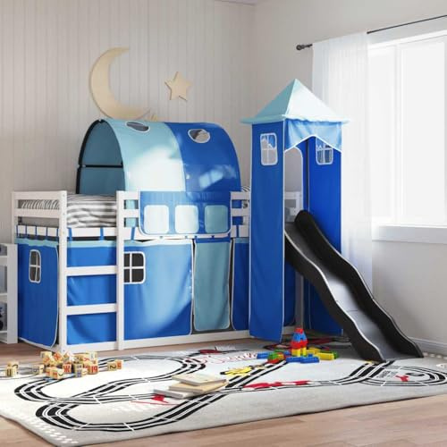 Qnhdfrt Solid Pine Wood Bunk Bed with Slide White Anthracite 195.5x97.5x113 cm Fits 90x190 cm Mattress, Blue Curtains Play Tent for Children Aged 6+ in Bedroom