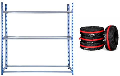 Yavolo Tyre Racking Unit Wheel Storage Boltless Steel Shelving Bay 3 Tier Heavy Duty Garage Workshop Rack with Rubber Mallet Bay Connectors and 4pcs Car Spare Tire Storage Bags Bundle