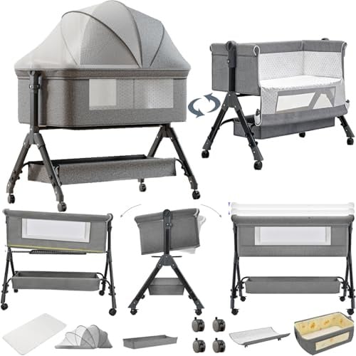 Magic ZC Beistellbett Baby mit Wickeltisch, Klappbares Stubenwagen Baby, Multifunktional Babybett, 3-Fach Höhenverstellbar (X3 Grey)