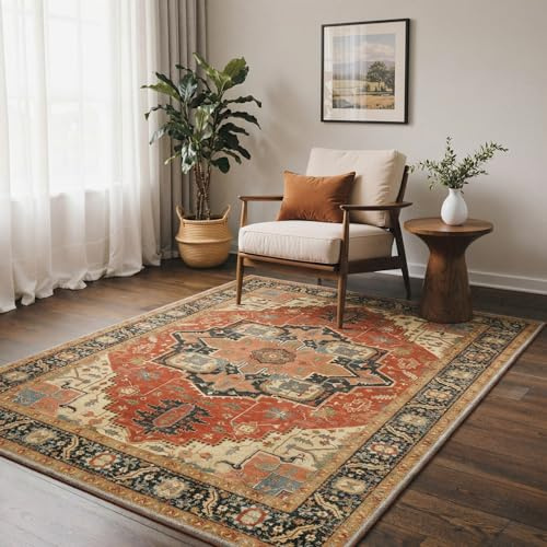 BEIMO Vintage Waschbarer Teppich Wohnzimmer, 120x170cm Rot | Boho Orientalisch, Großer Weicher Kurzflor Carpet mit Rutschfester für Küche und Bettvorleger Schlafzimmer