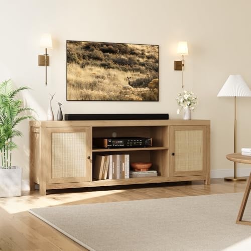 Aptliton Boho Rattan TV Stand – Modern Natural Wood Entertainment Center with Doors, Adjustable Shelves, and Two-Level Storage – Wooden Media Cabinet for Living Room or Bedroom – 66 Inches