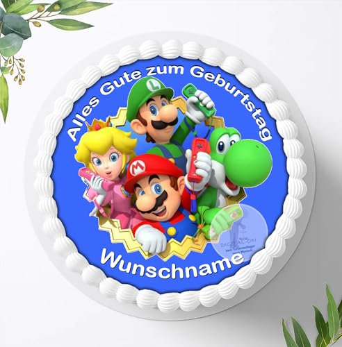 Für den Geburtstag ein Tortenbild mit oder ohne Wunschname, Zuckerbild mit dem Motiv: Mario Bros, Essbares Foto für Torten, Tortenaufleger Ø 20cm - Super Qualität, 4012a