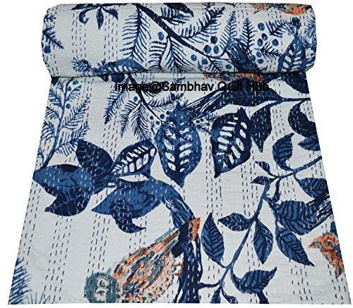 Kantha-Decke mit Eulenmotiv, handgefertigt, Kuscheldecke, bedruckt, Baumwolle, Kingsize, 152 x 228 cm