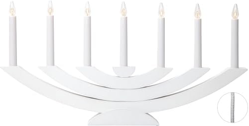 Fensterleuchter Nevida von Star Trading, Kerzenständer mit 7 Glühbirnen E10 warmweiß, Weihnachtsdeko aus Holz in Weiß, Kabelschalter, Länge: 37,5 cm
