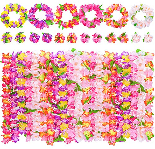 VGOODALL 48 STK. Hawaii Blumenketten, Leis Luau Bunte Hawaiiketten mit Halsketten Stirnbänder Armbänder für Hawaiian Party Strand Dekorationen Zubehör