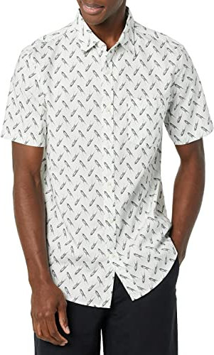 Amazon Essentials Men's Short-Sleeve Stretch Poplin Shirt (Available in Big & Tall), Light Blue Bird Print, S